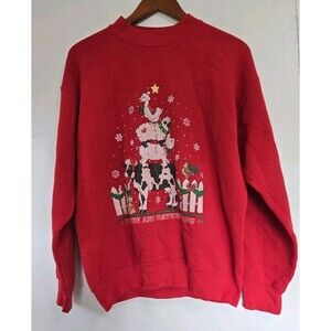 VTG Christmas Sweatshirt Womens L Red Joy To The World Heaven And Nature Sing